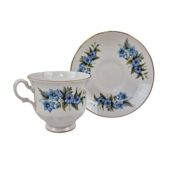 Ridgway Queen Anne China Tea Cup Saucer Set D178 Blue Floral Pattern Gold Trim - Picture 6 of 10
